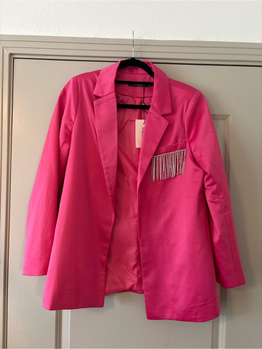 Missguided Women's Hot Pink Blazer with Rhinestone Fringe